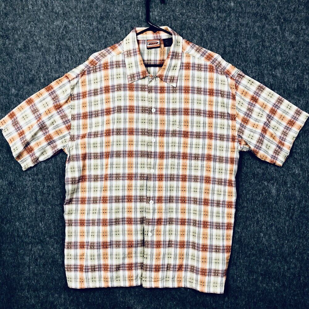 ZONZ Plaid Shirt Mens L Short Sleeve Button Up Orange Red Cotton Casual Skater